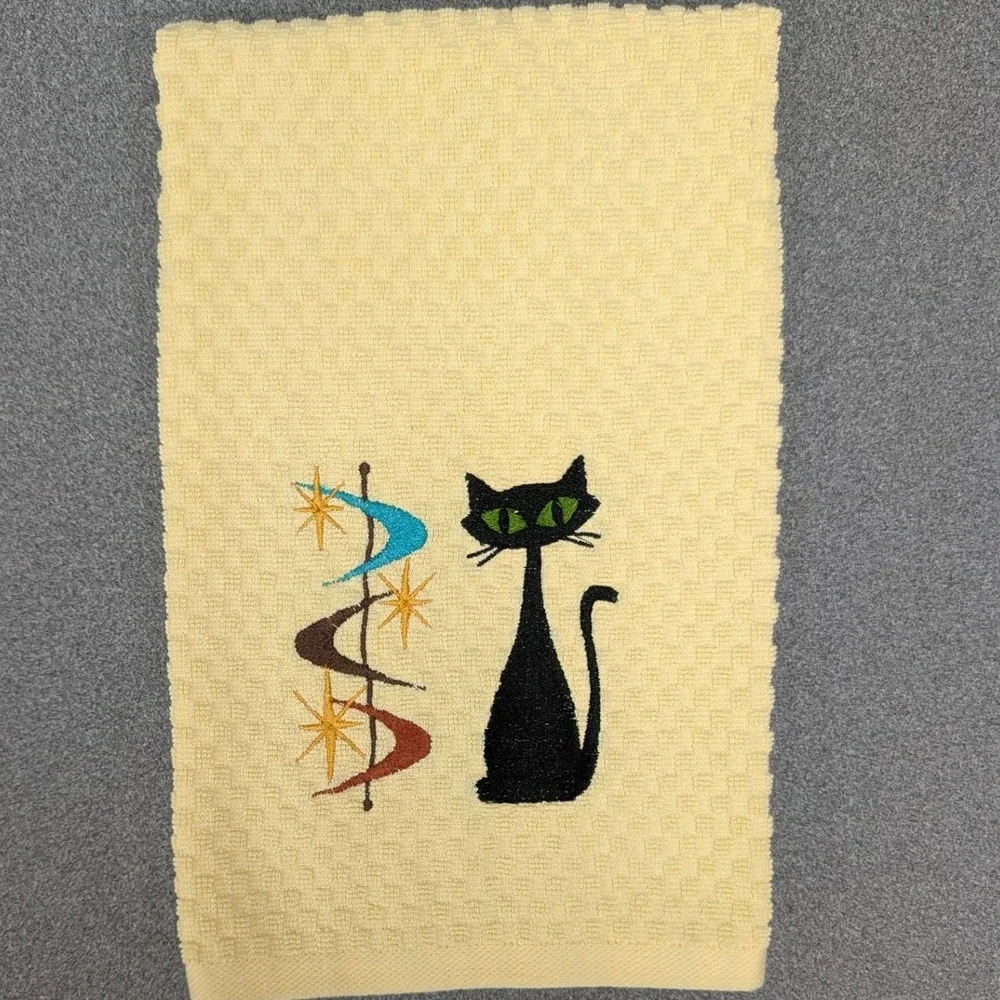 Mid Mod Retro Cat Flying Saucers Kitchen Bar Tea Hand Towel Great Gift Idea!